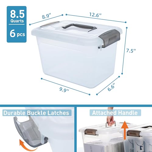 6 Packs 8.5 QT Storage Bins with Lids Clear Plastic Bins with Grey Handle Stackable Storage Containers for Organizing (6 Count)