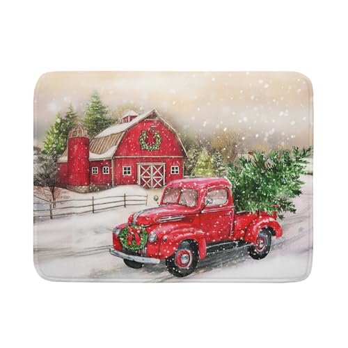 Red Truck Dish Drying Mat Xmas Tree Dish Drainer Rack Mat Winter Microfiber Absorbent Drying Pad for Home Kitchen Counter Decor 18x24 Inch