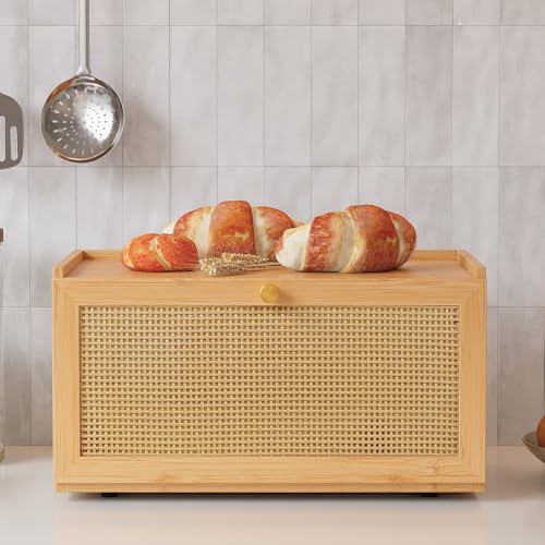 Rattan Bamboo Bread Box for Kitchen Counter Large Capacity Bread Storage Bin Farmhouse Bread Storage Container Rustic Bread Holder