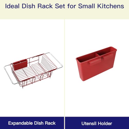 Red Expandable Dish Drying Rack Over Sink with Anti