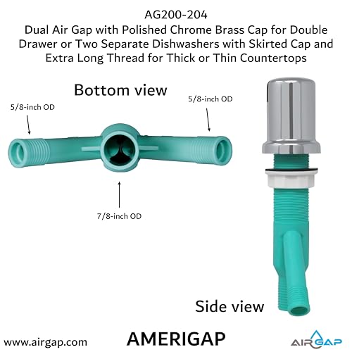 Dual Air Gap with Polished Chrome Brass Cap for Double Drawer or Two Separate Dishwashers with Skirted Cap and Extra Long Thread for Thick or Thin Countertops