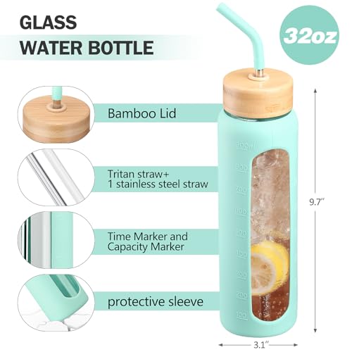 32oz Glass Water Bottle with Straw and 2 Lids