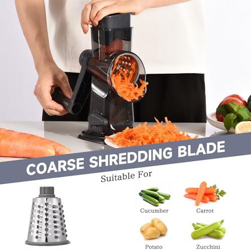 Rotary Cheese Grater with Handle Kitchen Shredder Slicer Grater Slicer Ice Shaver Cheese Vegetable Nuts Potato Zucchini Chocolate 3 Interchangeable Blades