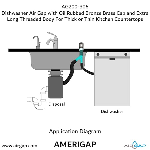 Dishwasher Air Gap with Skirted Oil Rubbed Bronze Brass Cap and Extra Long Threaded Body for Thick or Thin Kitchen Countertops