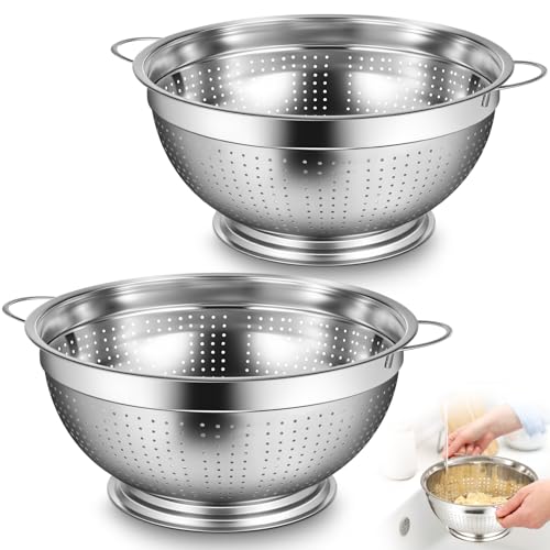 2 Pack 8 Quart Heavy Duty Stainless Steel Colander with Footed Base and Handles Pasta Spaghetti Berry Fruit Vegetable Kitchen Food Strainer Basket (2 Count)