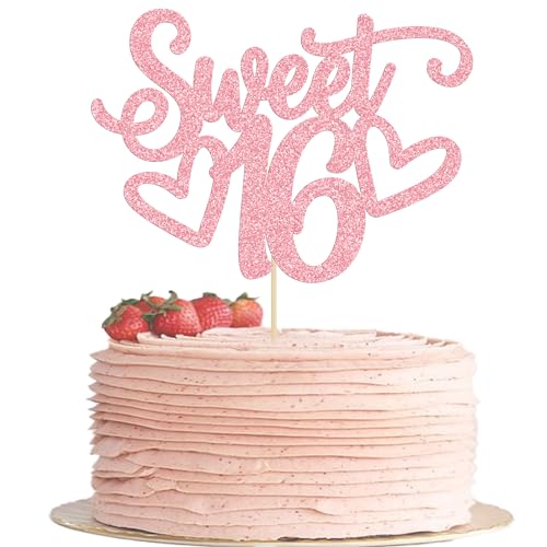 1Pc Sweet Teenager 16 Cake Topper Glitter 16th Birthday Cake Pick for Cheers to 16 Years Old 16th Birthday Party Cake Decorations Supplies Pink