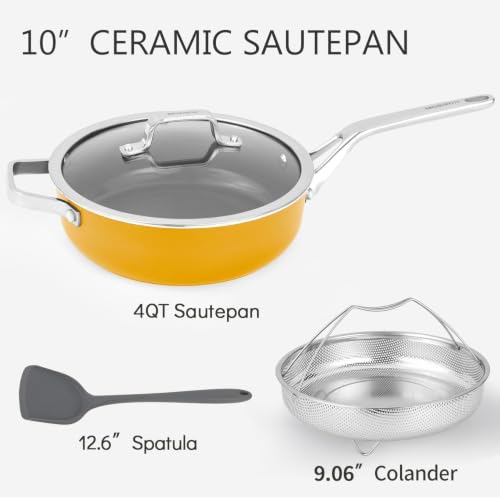 10-in-1 Yellow Ceramic Nonstick Deep Saute Pan Set With Steamer & Lid, 4QT