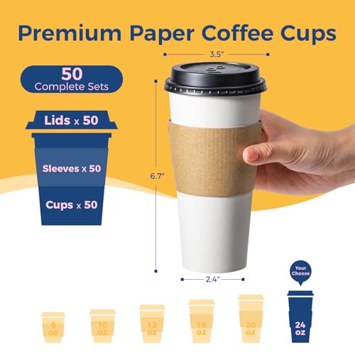 24 oz 50 Pack To Go Coffee Cups with Lids and Sleeves (50 Count)