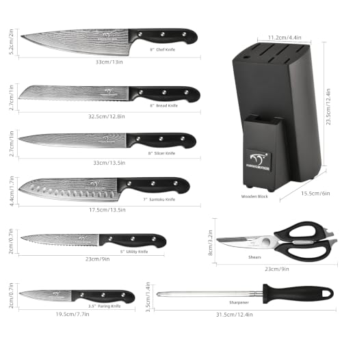 9 Piece Japanese Damascus Kitchen Knife Set with Block (9 Count)