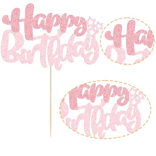 1Pcs Happy Birthday Cake Topper Glitter Happy Birthday Cake Pick Decorations for Celebrating Happy Birthday Anniversary Theme Party Cake Decorations Supplies Pink Light Pink