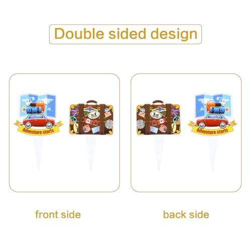 36PCS Double sided Adventure Travel Cupcake Toppers Airplane Globe Map Suitcase Bon Voyage Cupcake Picks for Adventure Travel Baby Shower Boys Girls Birthday Wedding Party Decoration (36 Count)