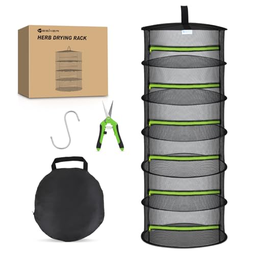 6 Layer Herb Drying Rack Hanging Mesh Net Foldable Plant Drying Racks 24" w Green Zipper Pruning Shears Hook Dryer Hanging Rack for Herbs Seed Bud Fruit Clothes Grow Tent Closets Garden Outdoor