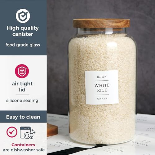 Set of 2 Large Glass Jar with Airtight Acacia Lid and 132 Kitchen Pantry Labels (2 Count)