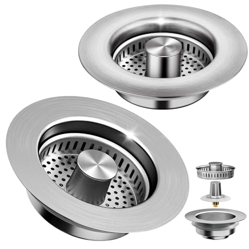 3-in-1 Kitchen Sink Drain Strainer & Sink Stopper 2 Pack - 304 Stainless Steel Sink Drain Strainer, Pop-Up Anti-Clog Design, Fits Standard 3-1/2'' Sink Drains (2 Count)