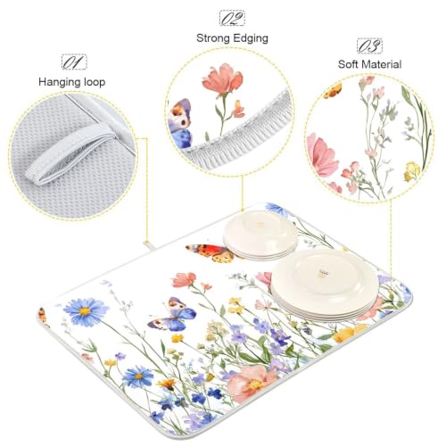 Wildflowers Butterfly Dish Drying Mat for Kitchen Counter Absorbent Microfiber Drying Pad