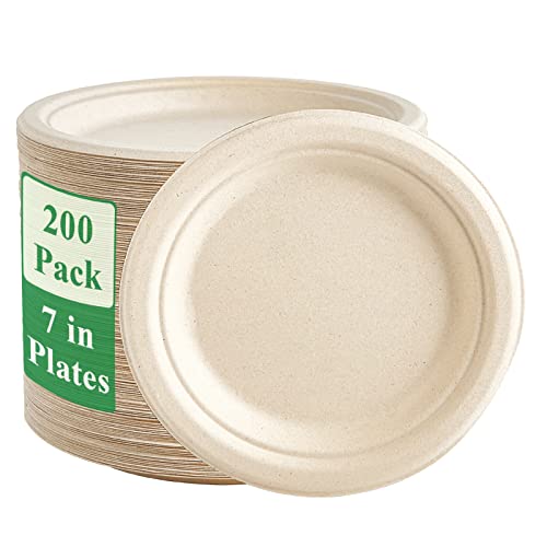 200 Pack Compostable Bagasse Paper Plates 6.9 inch (200 Count)