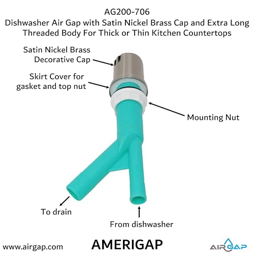 Dishwasher Air Gap with Skirted Satin Nickel Brass Cap and Extra Long Threaded Body for Thick or Thin Kitchen Countertops