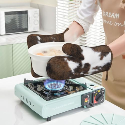 Cow Print Oven Mitts and Pot Holders Set of 4 Silicone Brown Cowhide Kitchen Mitten Gloves and Non