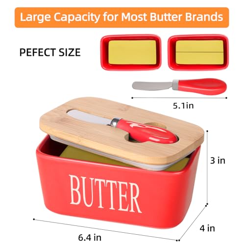 Ceramic Butter Dish with Bamboo Lid and Stainless Steel Knife Spreader