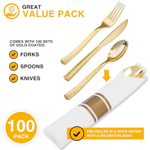 400PCS Gold Wrapped Silverware Set Disposable Hammered for Weddings (400 Count)