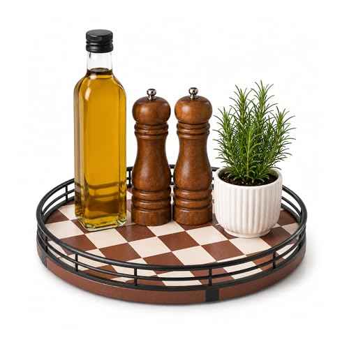 9 Inch Brown Checkerboard Lazy Susan Organizer with Black Metal Rail