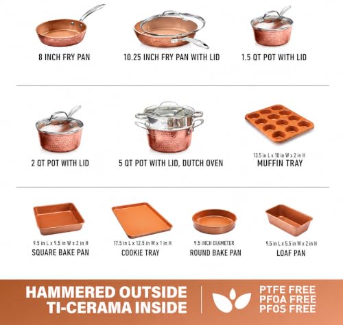 Hammered 15Pc Pots and Pans Set Non Stick Ceramic Cookware Set