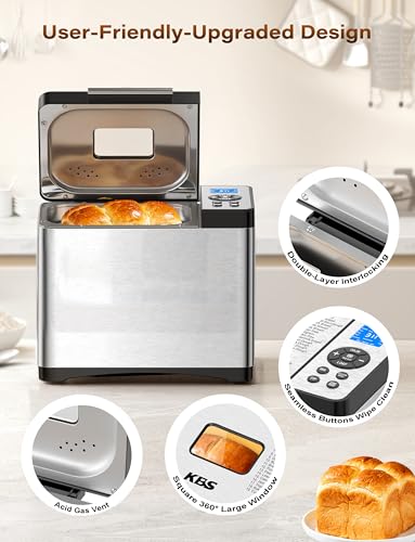 19-in-1 Programmable Bread Maker, 2.2LB Bread Machine with Healthy Ceramic Pan, Stainless Steel Bread Maker Machine with 15H Timer& 1H Keep Warm, Sourdough, Gluten Free, 3 Crust Colors, 53 Recipes