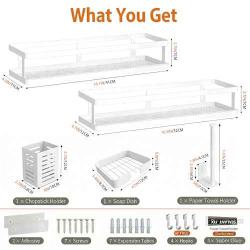 5-in-1 16.5" Extra Long Kitchen Organizer & Shower Caddy Set, Wall Mount Spice Rack with Paper Towel Holder, Utensil Holder & Soap Dish, Rustproof Mesh - White, Guardrail