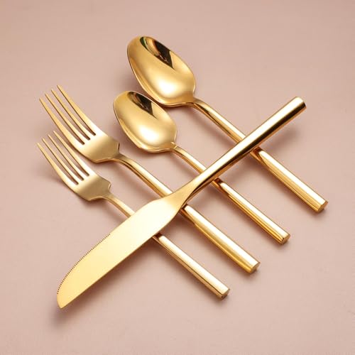 Mirror Silverware Set Gold Flatware Set with Hexagon Handle 20 Pieces 18 (20 Count)