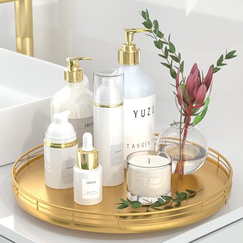 13 Inch Oak Lazy Susan Decorative Tray with Gold Metal Rail