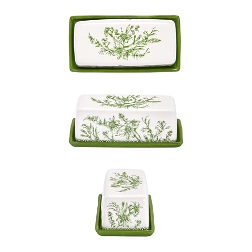 Green Garden Toile De Jouy Ceramic Butter Dish with Lid