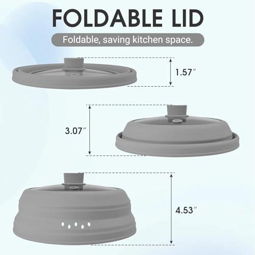 Microwave Splatter Cover Glass Microwave Cover for Food Collapsible Splatter Guard Lid with Silicone Handle for Pot Plate Bowl 9.8 Inch Gray