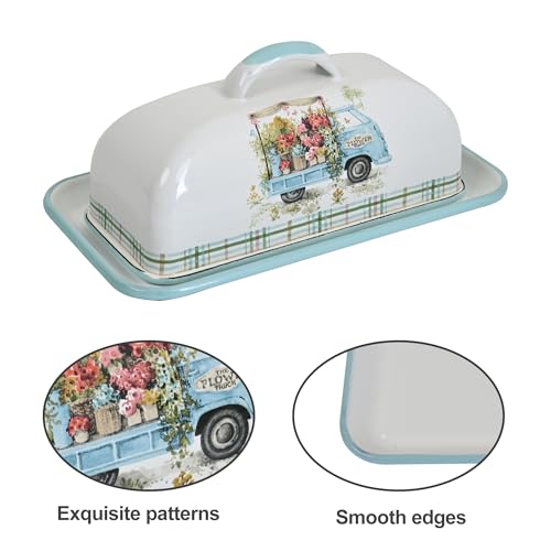 Enamel Butter Dish with Lid Vintage Enamelware Butter Keeper with Flower and Bird Patterns Farmhouse Butter Container Butter holder for Countertop Kitchen Decor