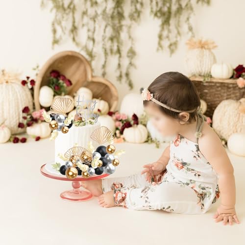 57Pcs Purple Balls Cake Topper Boho Grass Cake topper Pearl Balls Acrylic Happy Birthday Cake Decorations for Wedding Baby Shower Birthday Boho Themed Party Supplies Black Gold Silver (57 Count)