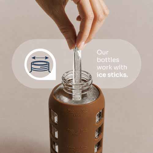 40oz / 32oz / 22oz / 12oz Borosilicate Glass Water Bottle with Time & Volume Markers, Silicone Sleeve, Stainless Steel Lid | Reusable Glass Bottle for Water & Juice (22oz Earth Brown)