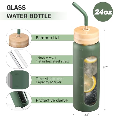24oz Glass Water Bottle with Straw and 2 Lids