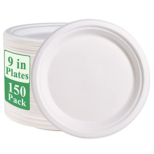 150 Pack Paper Plates 9 inch 100% Compostable (150 Count)