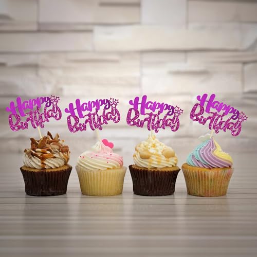24Pcs Happy Birthday Cupcake Toppers Double Layer Glitter Happy Birthday Cake Decorations for Celebrating Baby Shower Theme Kids Boys Girls Anniversary Party Decorations Supplies Purple (24 Count)