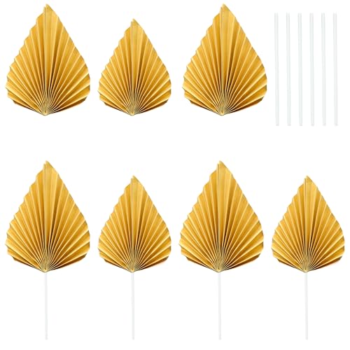 6Pcs Paper Palm Fan Cake Toppers Palm Leaf Fan Cake Topper Palm Spear Leaf Cupcake Toppers Cake Insert Decoration For Cake Decorating Diy Craft Project Home Wedding Party Supplies Gold (6 Count)