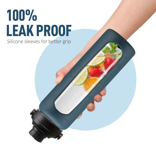 32oz Glass Water Bottle with Straw and 2 Lids