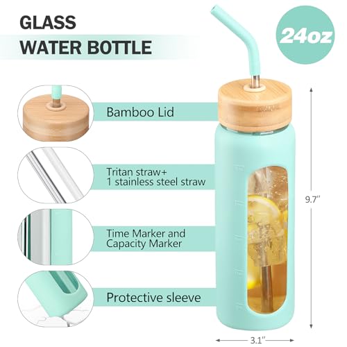 24oz Glass Water Bottle with Straw and 2 Lids