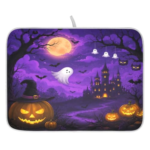 Halloween Scary Night Pumpkin Lanterns Purple Castle Dish Drying Mat for Kitchen Counter Absorbent Microfiber Large Drying Pad Dish mats for Kitchen Countertops 18 x 24 Inch