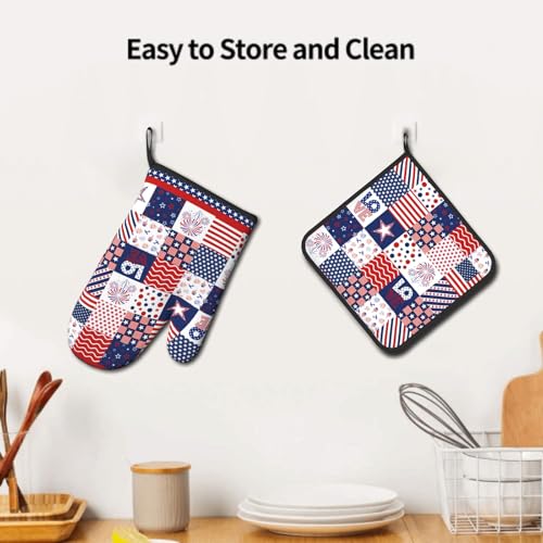 4th of July Patriotic Oven Mitts and Pot Holder Set of 2 Independence Day Heat Resistant Kitchen Gloves Hot Pads for Cooking Grilling BBQ
