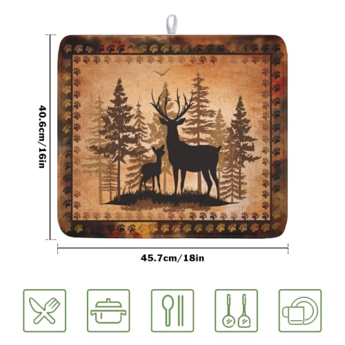 Forest Deer Dish Drying Mat Wildlife Animal Dishes Pad 16"x18" Microfiber Absorbent Fast Dry Drainer Rack Mats for Kitchen Countertop Decor