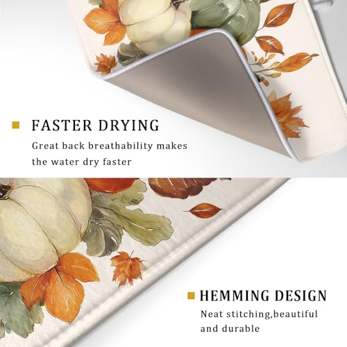 Fall Pumpkin Dish Drying Mat Autumn Leaves Absorbent Dishes Pad 18x24 Inch Seasonal Microfiber Dish Drainer Rack Mat for Kitchen Countertop