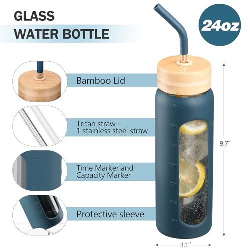 24oz Glass Water Bottle with Straw and 2 Lids
