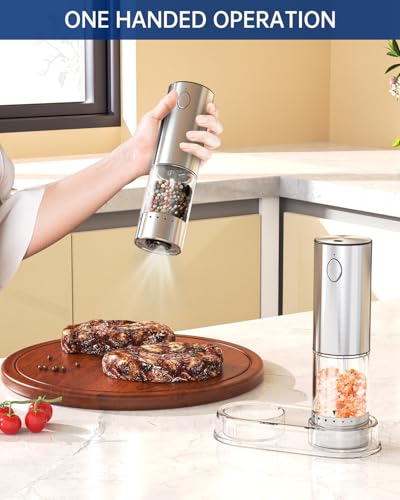 Electric Salt and Pepper Grinder Set Rechargeable Stainless Steel Salt and Pepper Shakers with LED Light and Storage Base (2 Count)