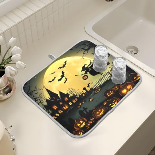 Halloween Night Pumpkins Witch Dish Drying Mat for Kitchen Counter Absorbent Microfiber Large Drying Pad Dish mats for Kitchen Countertops 18 x 24 Inch