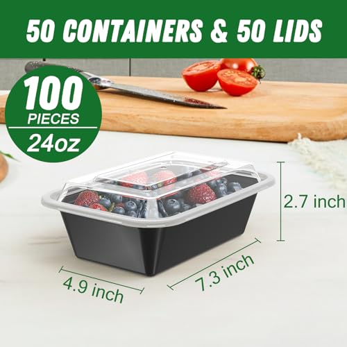 50 Pack (100-Piece) 24 oz Meal Prep Containers Reusable with Lids (50 Count)