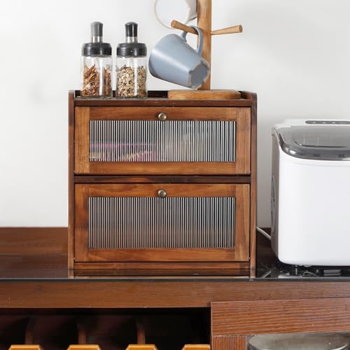 Bread Box for Kitchen Countertop Wooden Bread Storage Container Bin 2 Layer Breadbox Holder Large Capacity Keeper Vintage Farmhouse Food Organizer Pantry Shelf Acrylic Window